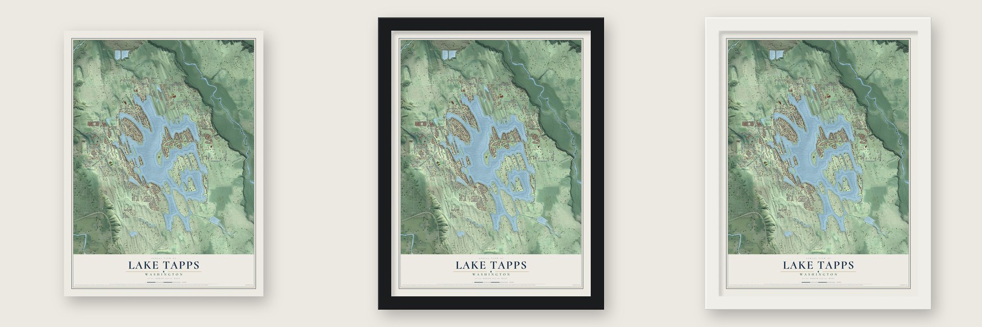 Lake Tapps, Washington map unframed, in a black wood frame and in a white wood frame
