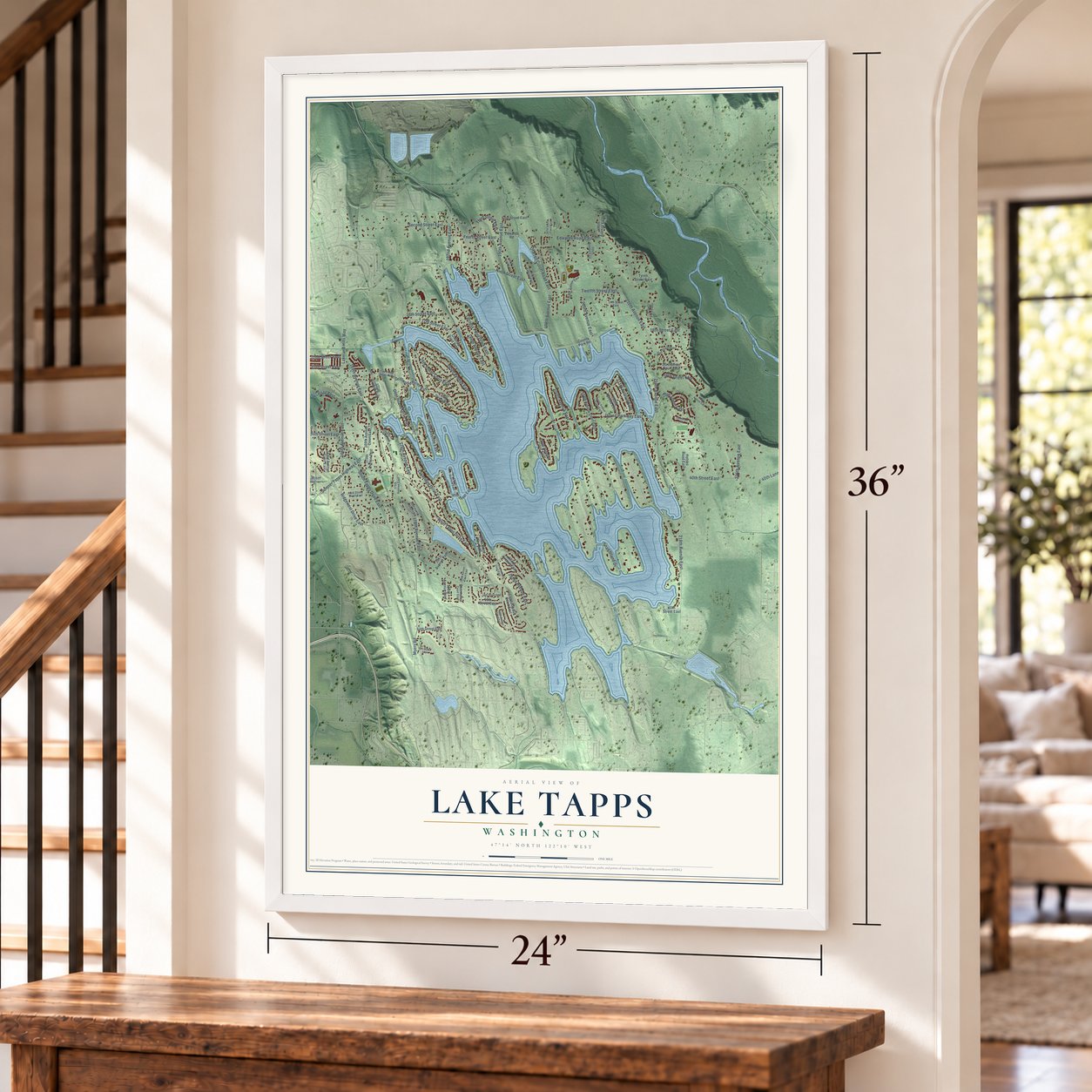Lake Tapps, Washington map, 24 x 36 inch print in a white frame by a staircase