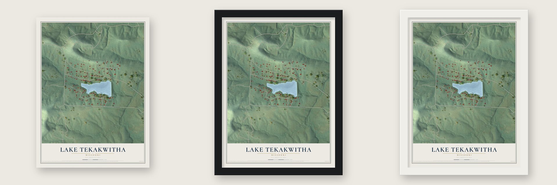 Lake Tekakwitha, Missouri map unframed, in a black wood frame and in a white wood frame