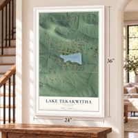 Lake Tekakwitha, Missouri map, 24 x 36 inch print in a white frame by a staircase