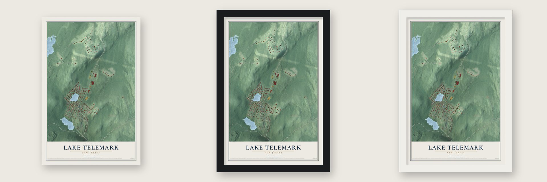 Lake Telemark, New Jersey map unframed, in a black wood frame and in a white wood frame