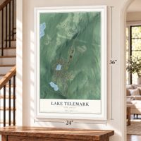Lake Telemark, New Jersey map, 24 x 36 inch print in a white frame by a staircase