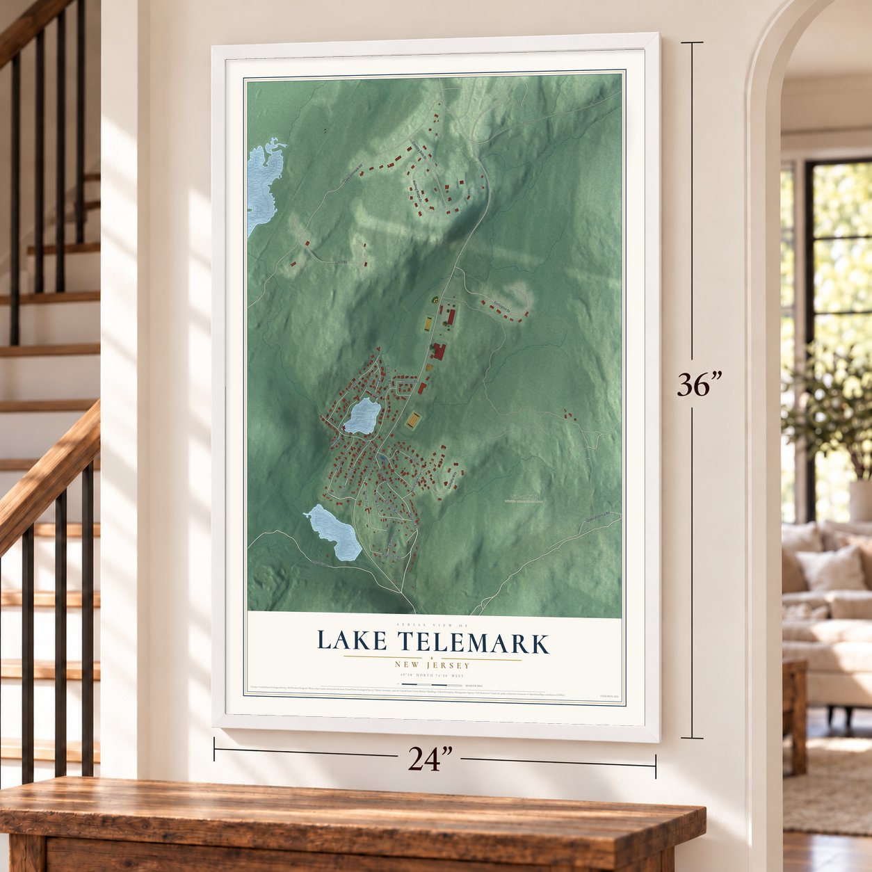 Lake Telemark, New Jersey map, 24 x 36 inch print in a white frame by a staircase