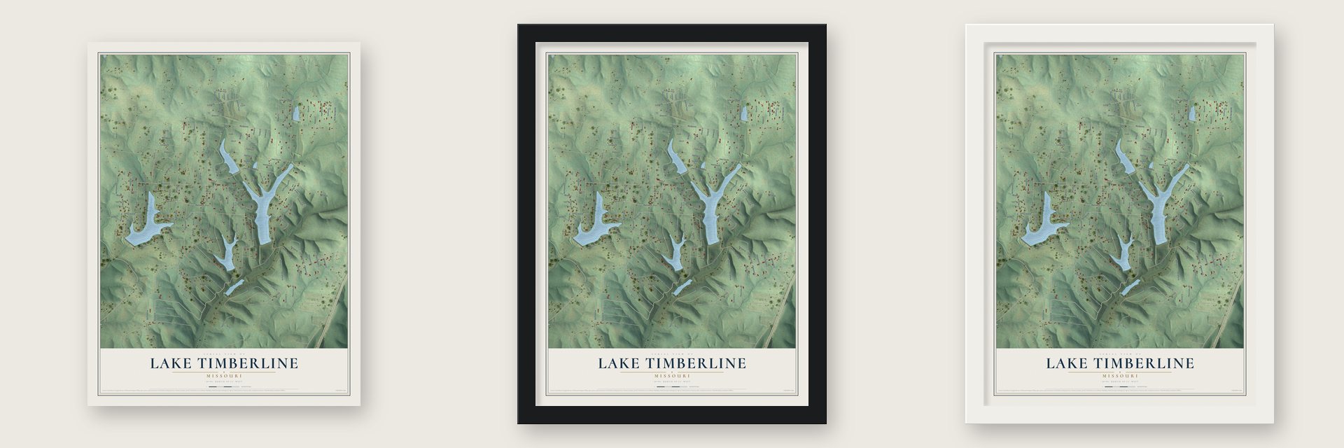 Lake Timberline, Missouri map unframed, in a black wood frame and in a white wood frame