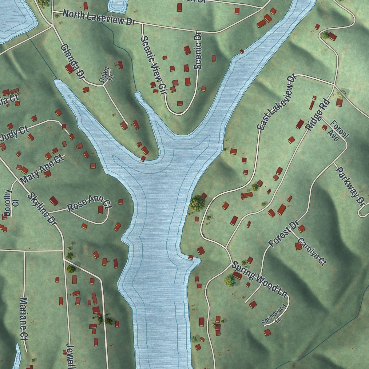 Second close-up of the map of Lake Timberline, Missouri print showing more streets and buildings