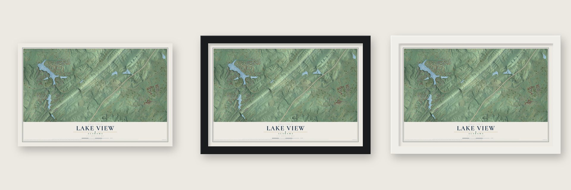 Lake View, Alabama map unframed, in a black wood frame and in a white wood frame