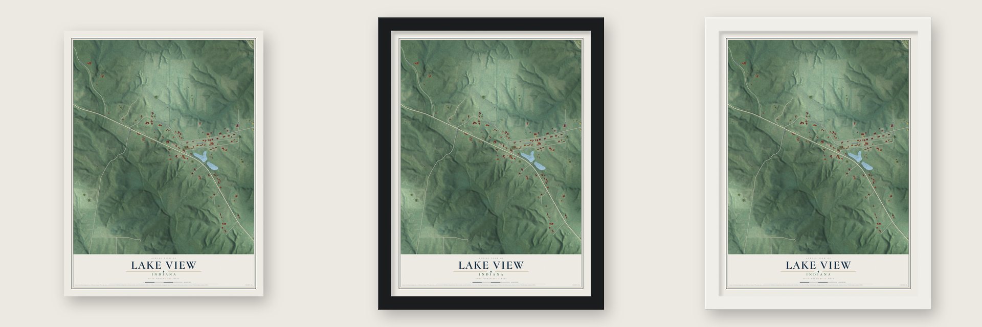 Lake View, Indiana map unframed, in a black wood frame and in a white wood frame
