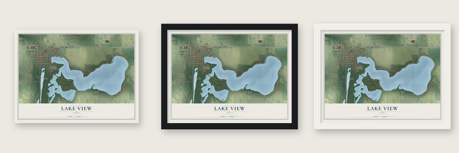 Lake View, Iowa map unframed, in a black wood frame and in a white wood frame