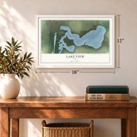 Lake View, Iowa map, 12 x 18 inch print in a white frame in an entryway