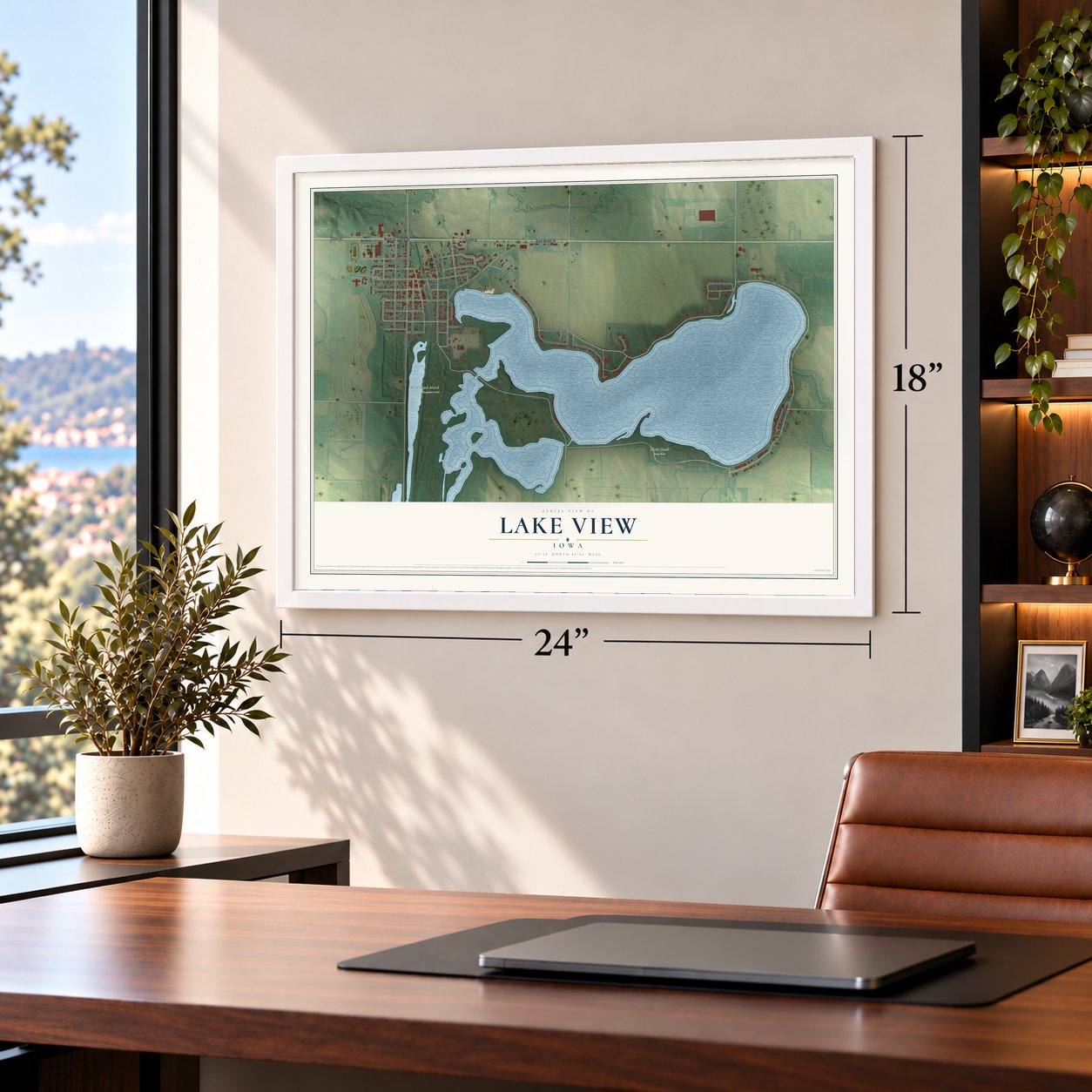 Lake View, Iowa map, 18 x 24 inch print in a white frame in a home office