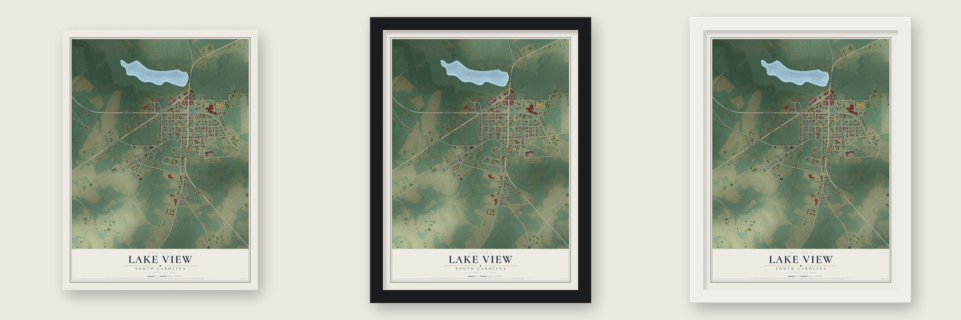 Lake View, South Carolina map unframed, in a black wood frame and in a white wood frame