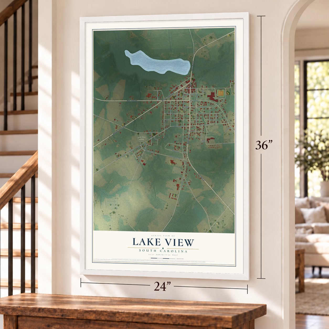 Lake View, South Carolina map, 24 x 36 inch print in a white frame by a staircase