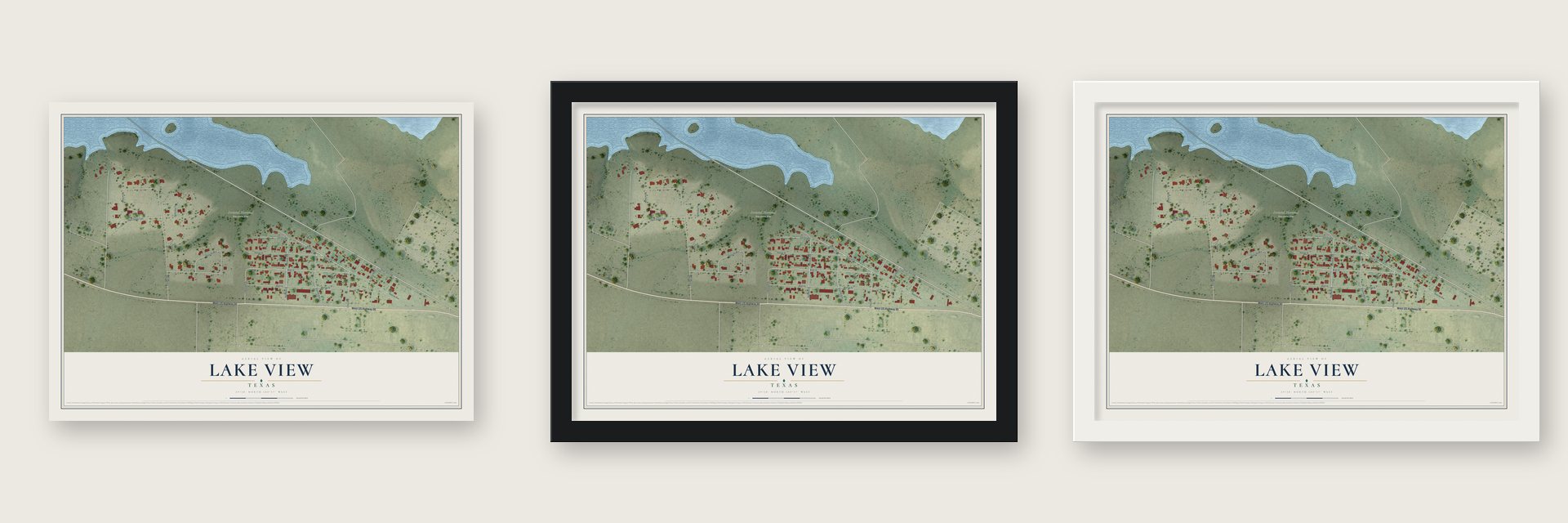 Lake View, Texas map unframed, in a black wood frame and in a white wood frame