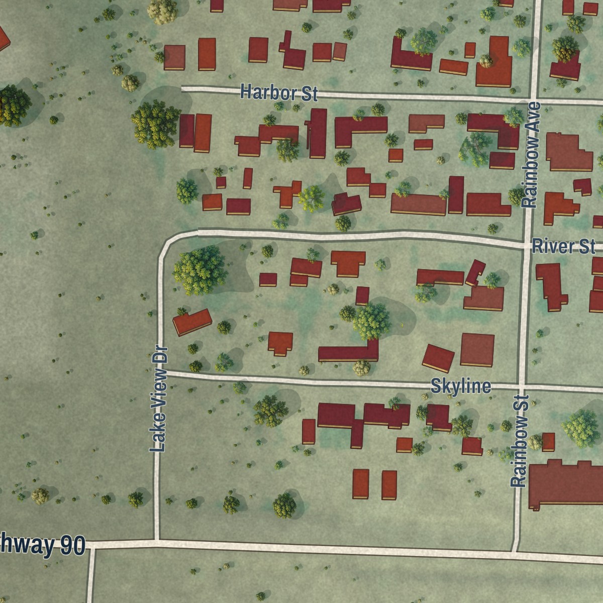 Second close-up of the map of Lake View, Texas print showing more streets and buildings