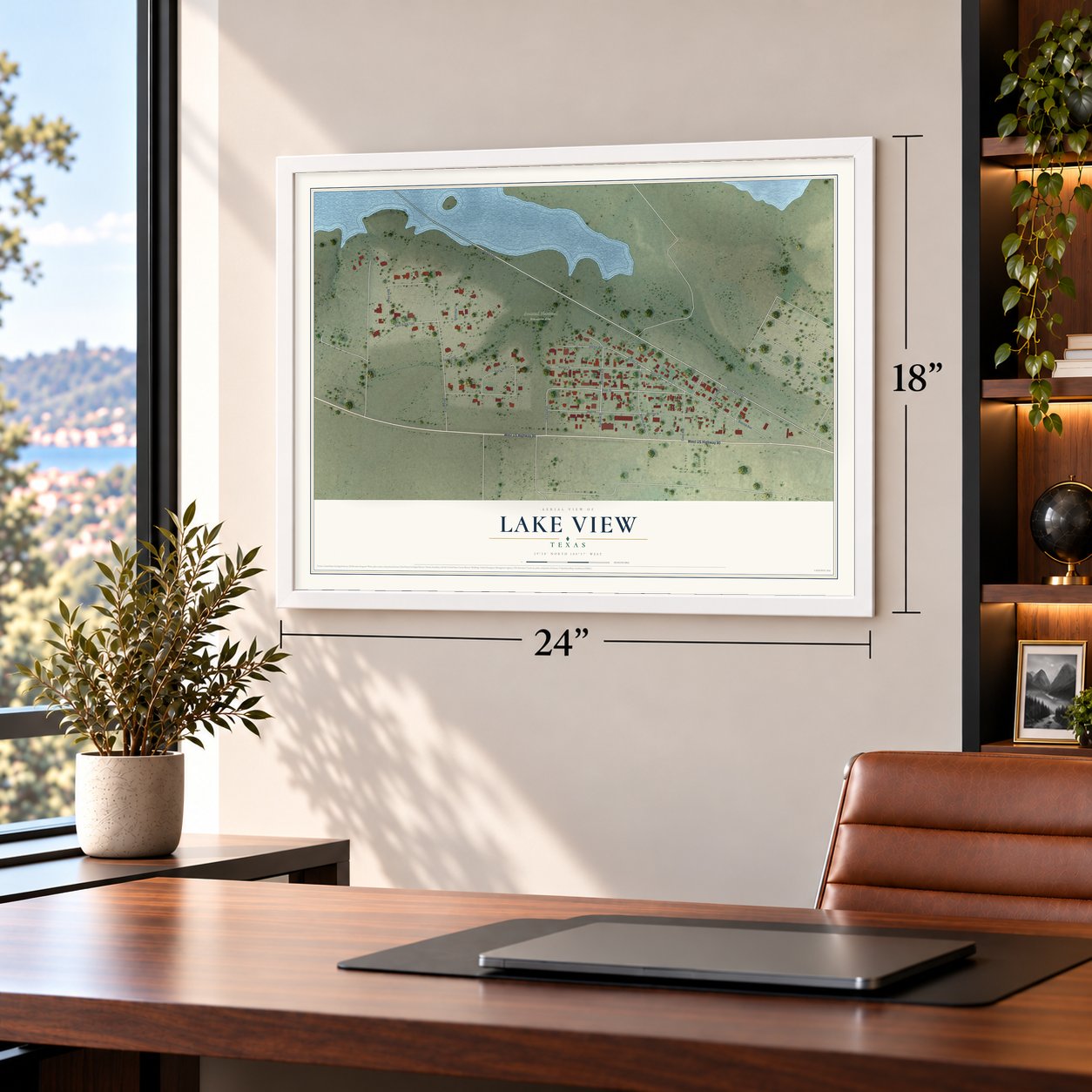 Lake View, Texas map, 18 x 24 inch print in a white frame in a home office