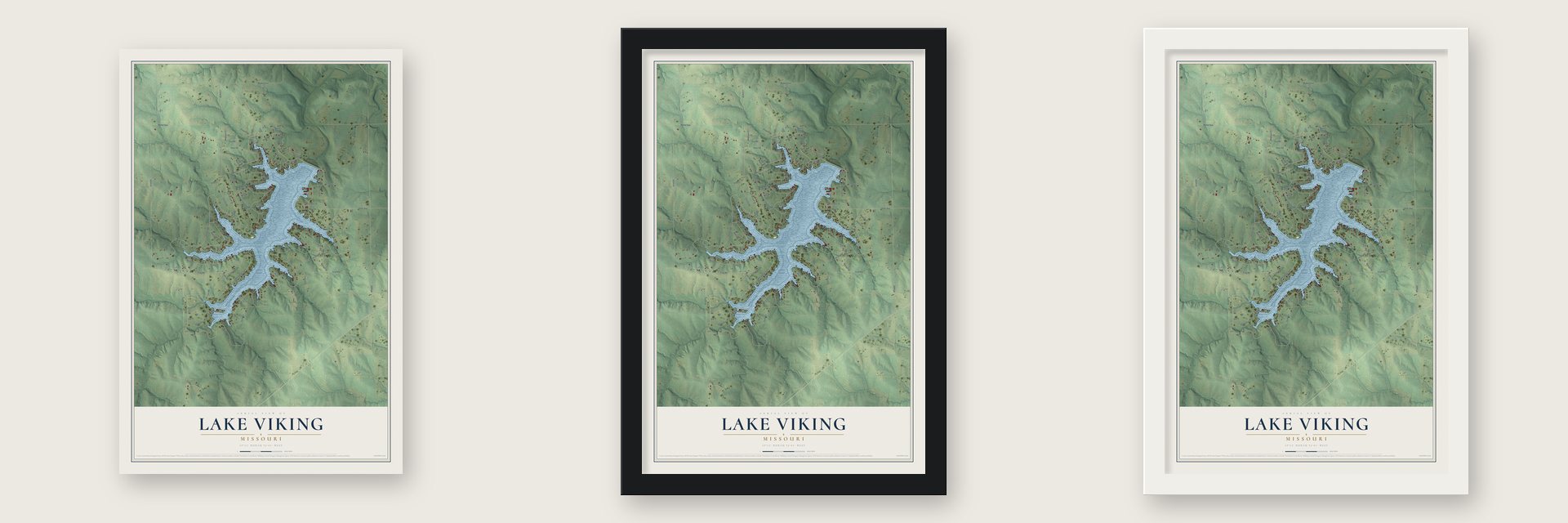 Lake Viking, Missouri map unframed, in a black wood frame and in a white wood frame