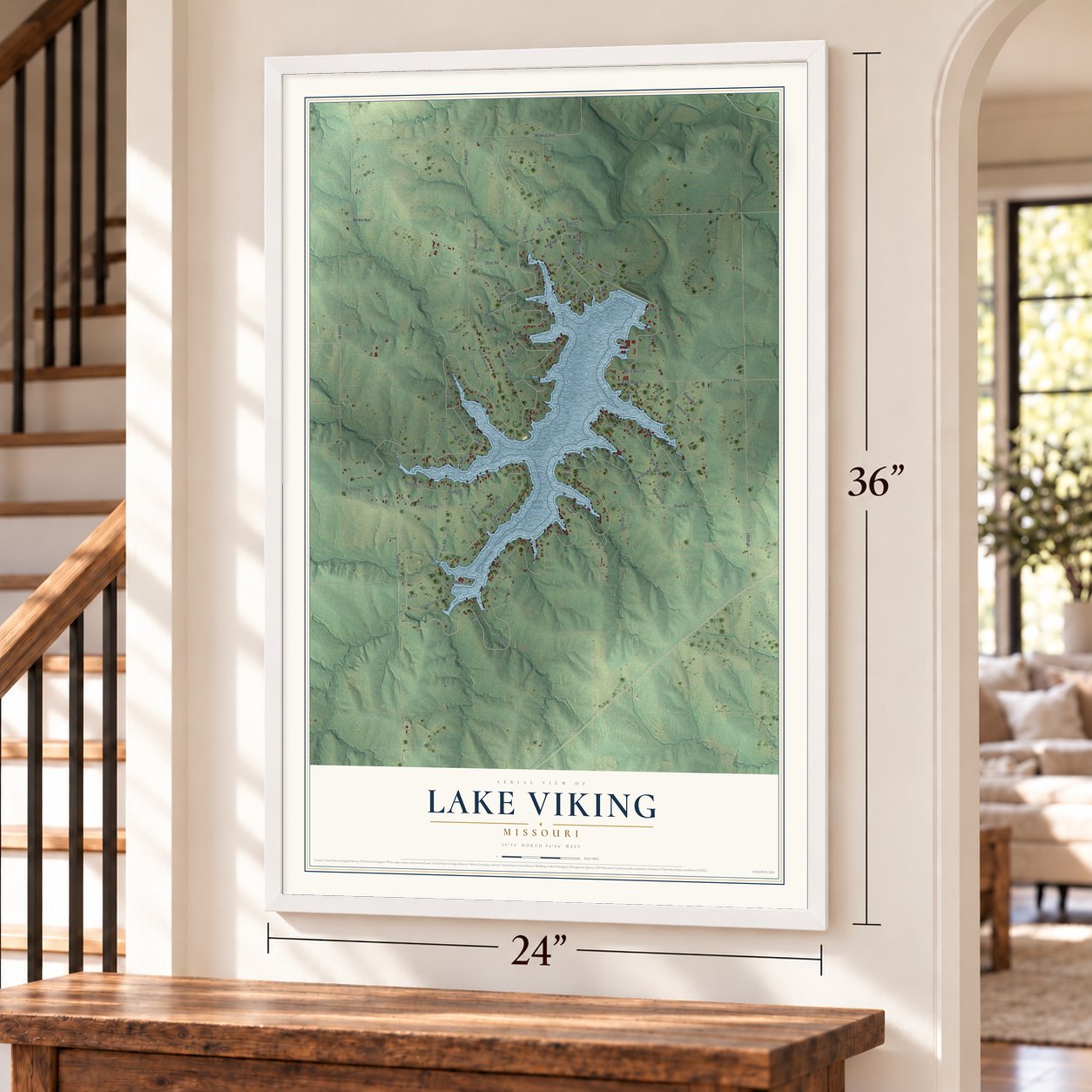 Lake Viking, Missouri map, 24 x 36 inch print in a white frame by a staircase