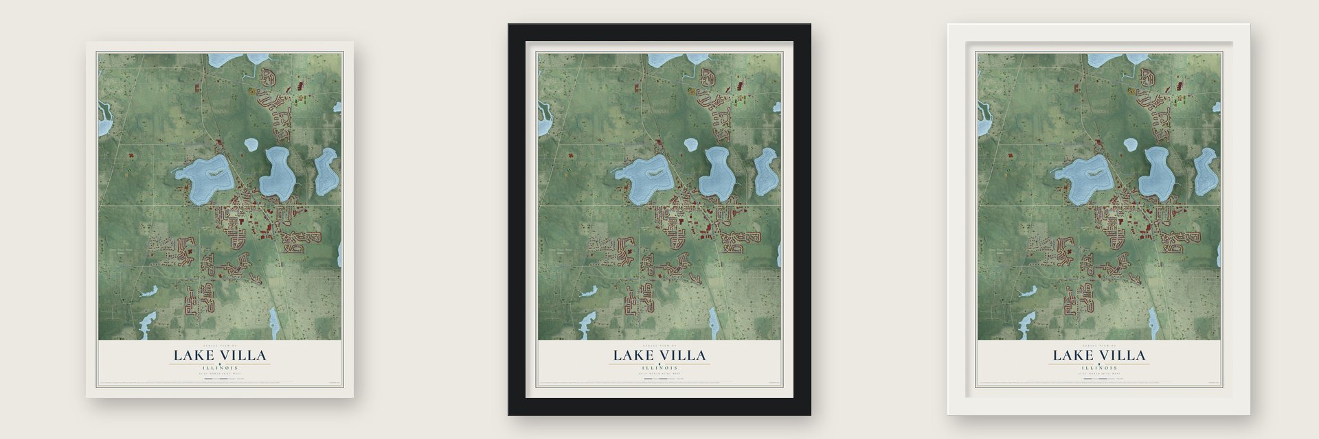 Lake Villa, Illinois map unframed, in a black wood frame and in a white wood frame
