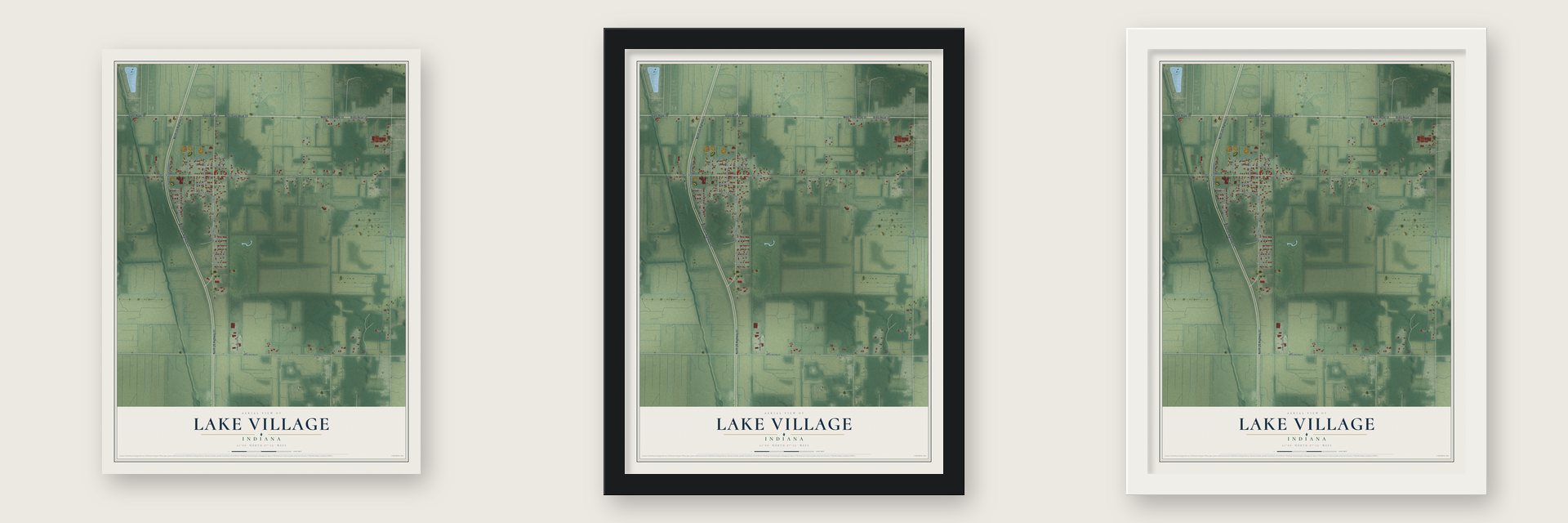 Lake Village, Indiana map unframed, in a black wood frame and in a white wood frame