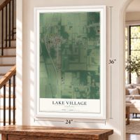 Lake Village, Indiana map, 24 x 36 inch print in a white frame by a staircase
