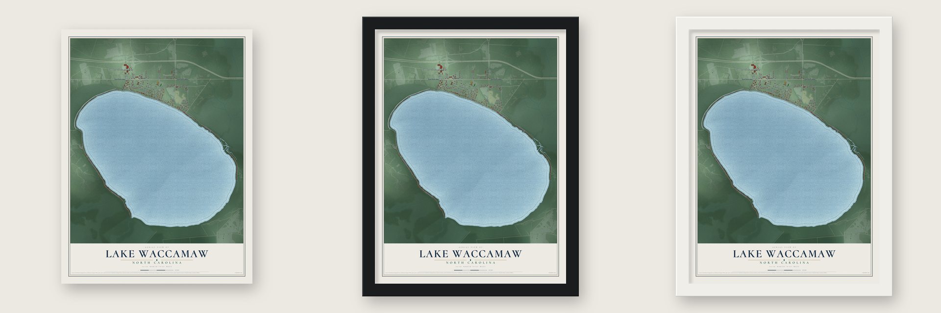 Lake Waccamaw, North Carolina map unframed, in a black wood frame and in a white wood frame