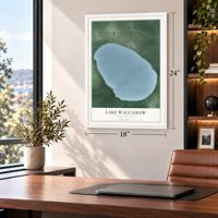 Lake Waccamaw, North Carolina map, 18 x 24 inch print in a white frame in a home office