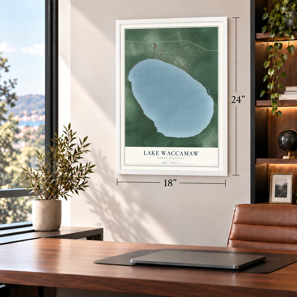 Lake Waccamaw, North Carolina map, 18 x 24 inch print in a white frame in a home office