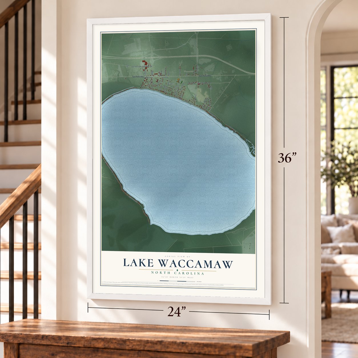 Lake Waccamaw, North Carolina map, 24 x 36 inch print in a white frame by a staircase