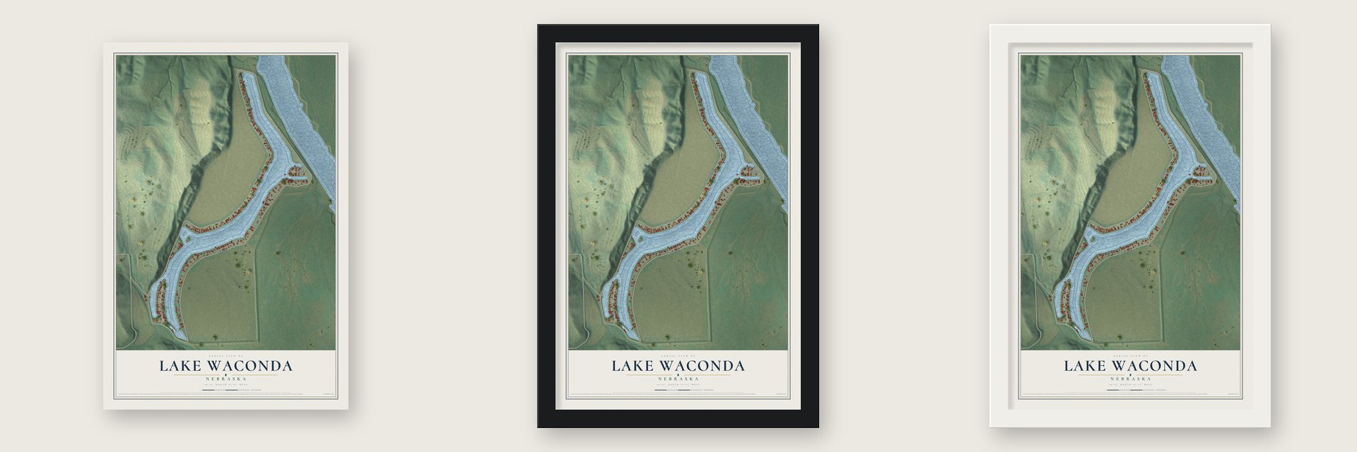 Lake Waconda, Nebraska map unframed, in a black wood frame and in a white wood frame
