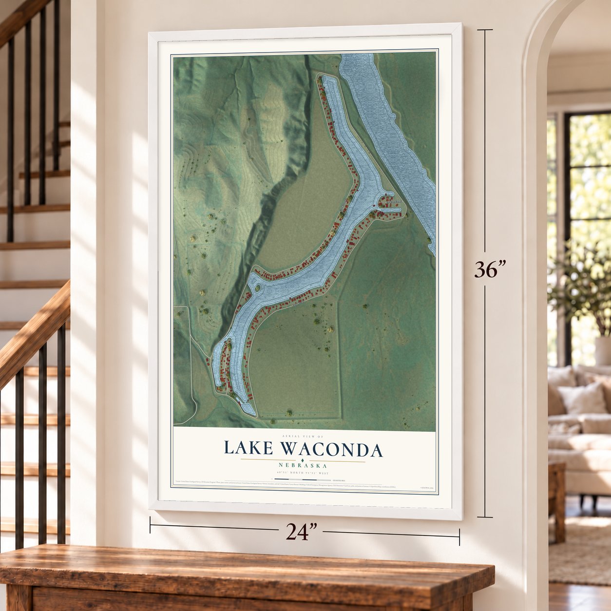 Lake Waconda, Nebraska map, 24 x 36 inch print in a white frame by a staircase