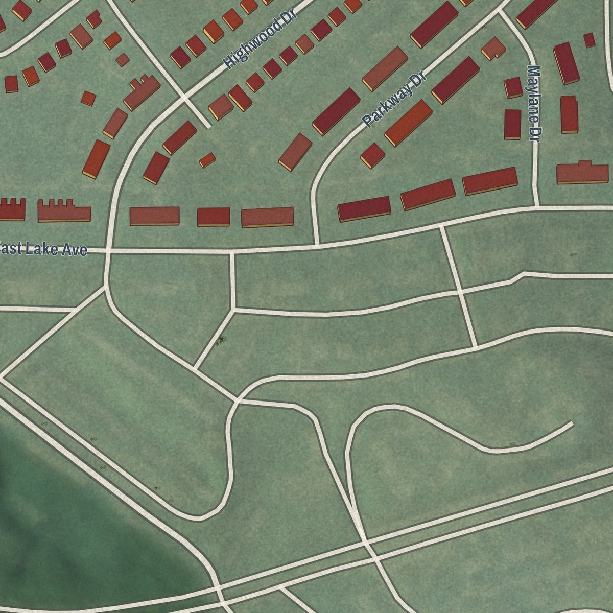 Second close-up of the map of Lake Walker, Maryland print showing more streets and buildings
