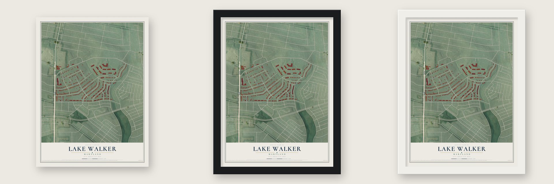 Lake Walker, Maryland map unframed, in a black wood frame and in a white wood frame