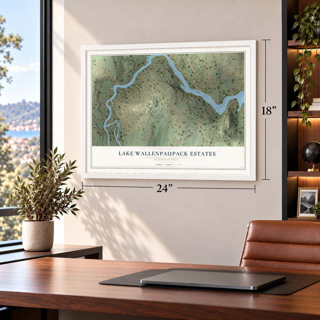 Lake Wallenpaupack Estates, Pennsylvania map, 18 x 24 inch print in a white frame in a home office