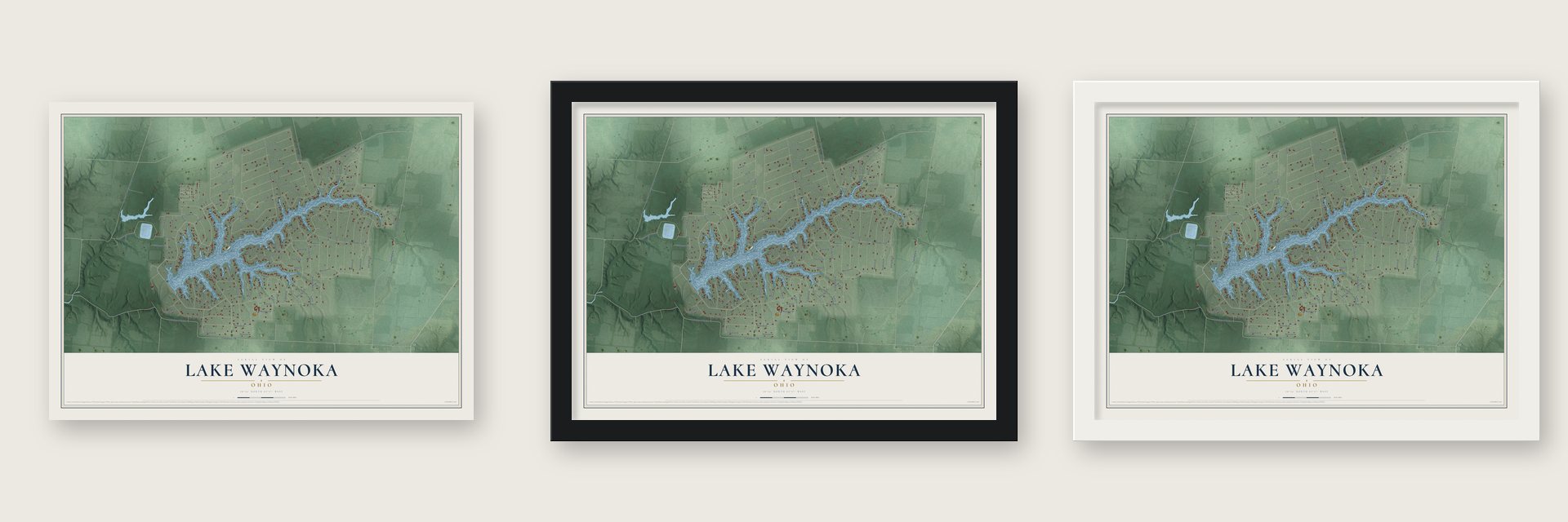 Lake Waynoka, Ohio map unframed, in a black wood frame and in a white wood frame