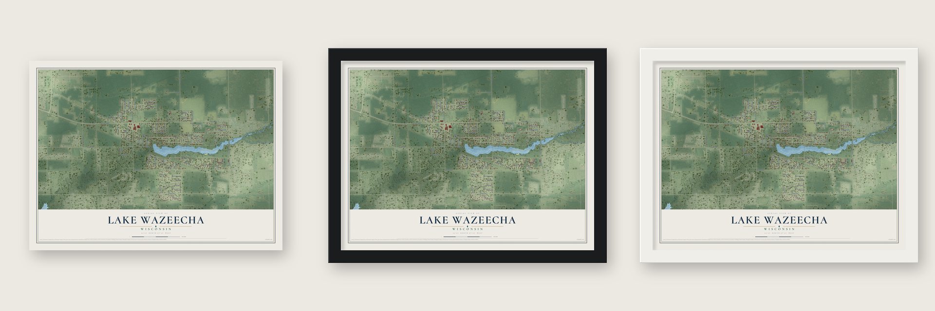 Lake Wazeecha, Wisconsin map unframed, in a black wood frame and in a white wood frame