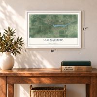 Lake Wazeecha, Wisconsin map, 12 x 18 inch print in a white frame in an entryway