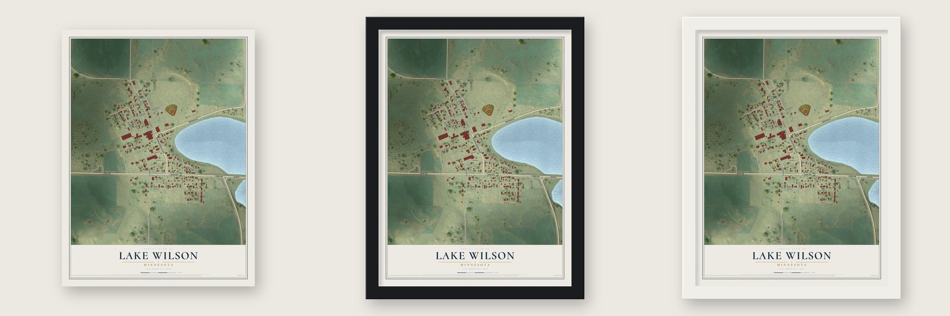 Lake Wilson, Minnesota map unframed, in a black wood frame and in a white wood frame