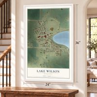 Lake Wilson, Minnesota map, 24 x 36 inch print in a white frame by a staircase