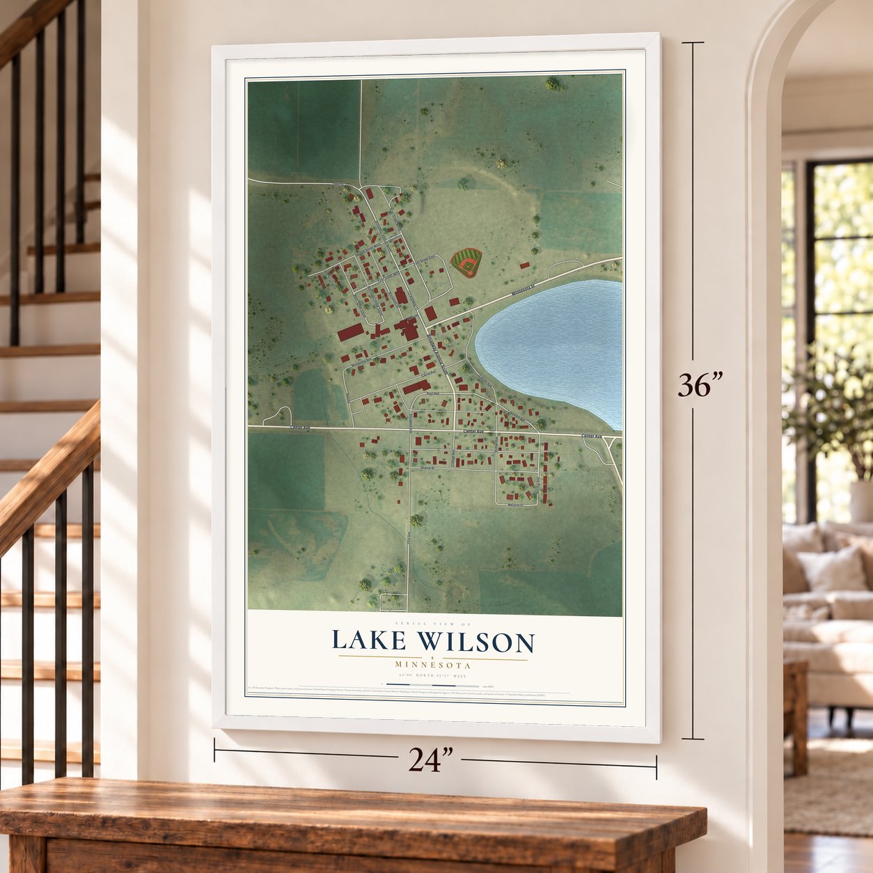 Lake Wilson, Minnesota map, 24 x 36 inch print in a white frame by a staircase