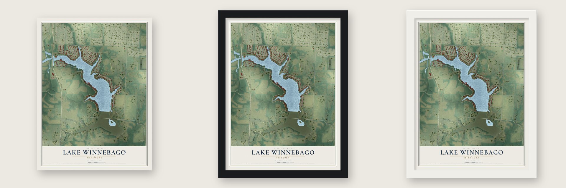 Lake Winnebago, Missouri map unframed, in a black wood frame and in a white wood frame