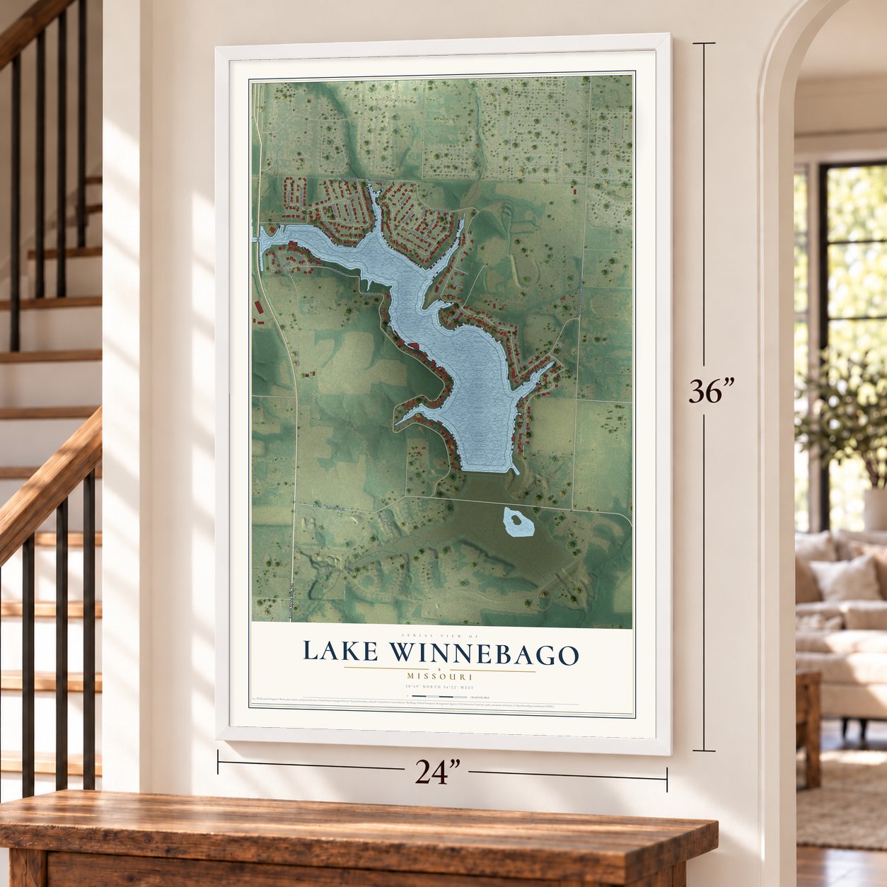 Lake Winnebago, Missouri map, 24 x 36 inch print in a white frame by a staircase