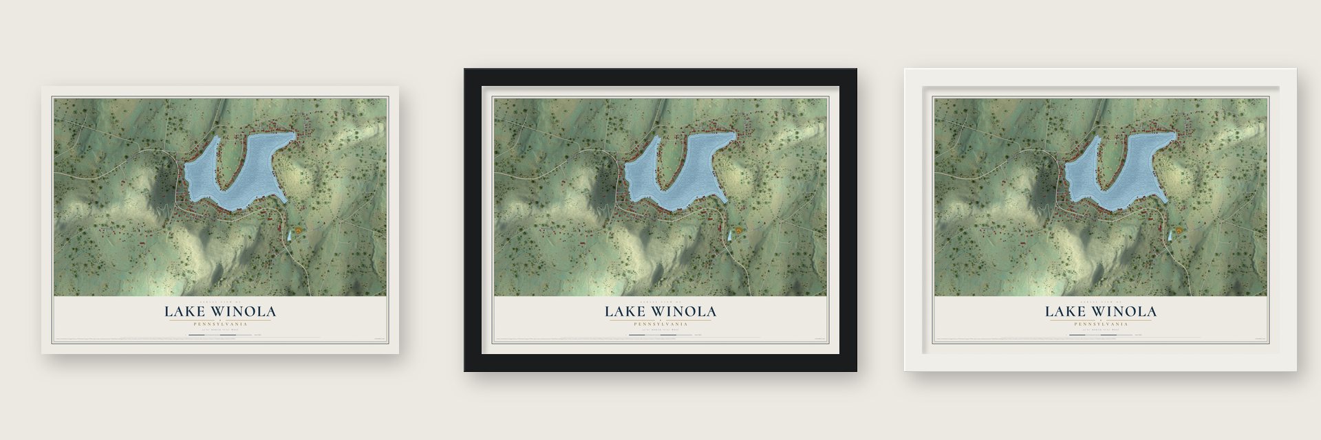 Lake Winola, Pennsylvania map unframed, in a black wood frame and in a white wood frame
