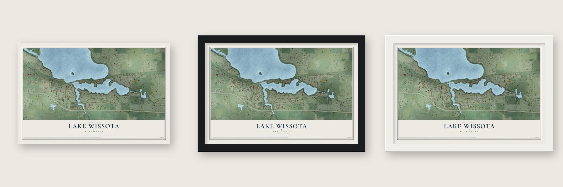 Lake Wissota, Wisconsin map unframed, in a black wood frame and in a white wood frame