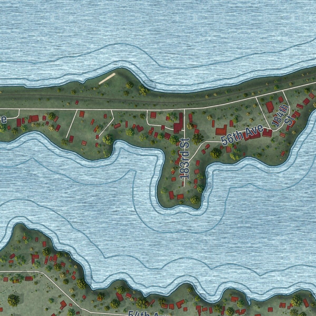 Second close-up of the map of Lake Wissota, Wisconsin print showing more streets and buildings
