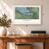 Lake Wissota, Wisconsin map, 12 x 18 inch print in a white frame in an entryway