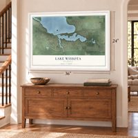 Lake Wissota, Wisconsin map, 24 x 36 inch print in a white frame above a dresser by a staircase