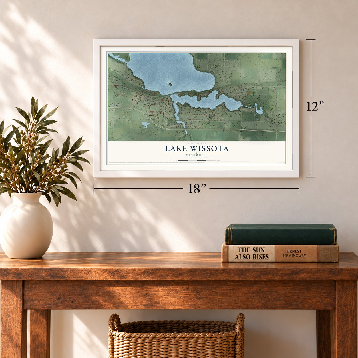 Lake Wissota, Wisconsin map, 12 x 18 inch print in a white frame in an entryway
