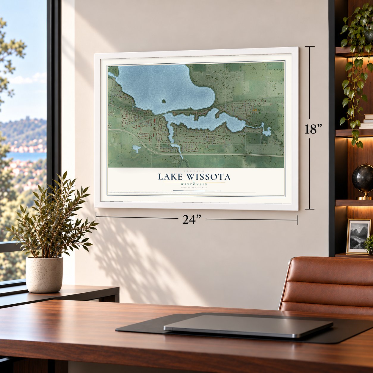 Lake Wissota, Wisconsin map, 18 x 24 inch print in a white frame in a home office