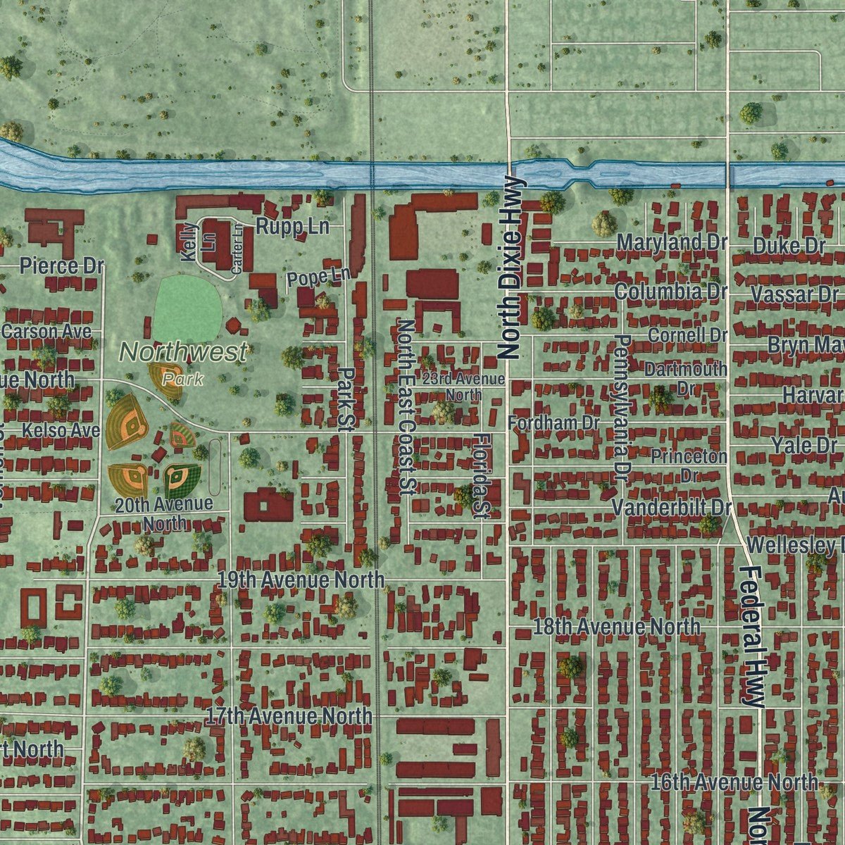 Second close-up of the map of Lake Worth Beach, Florida print showing more streets and buildings