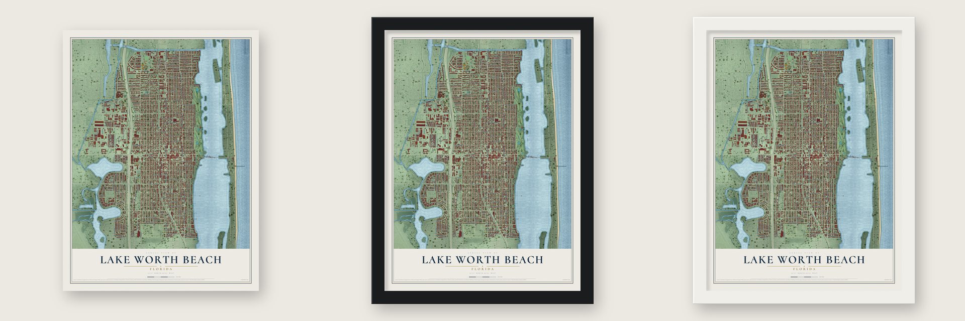 Lake Worth Beach, Florida map unframed, in a black wood frame and in a white wood frame